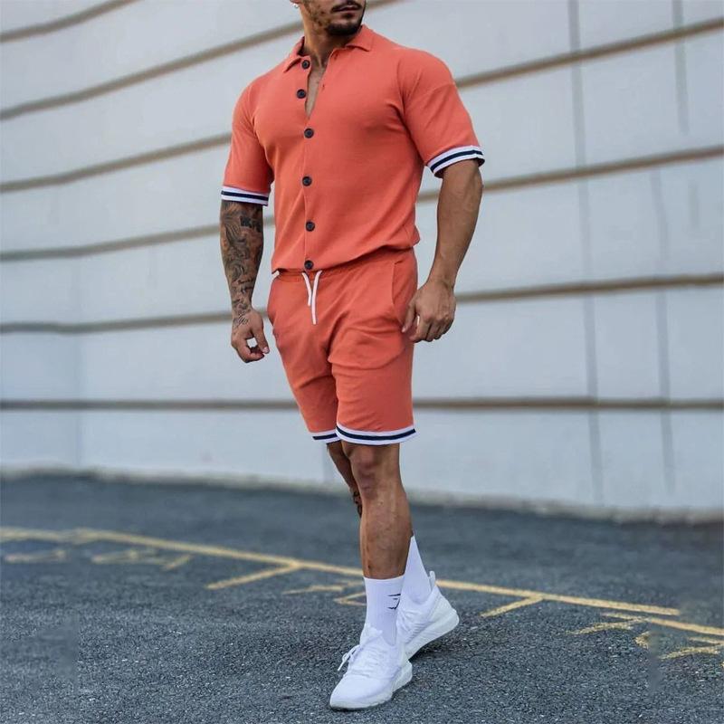 Men's Summer New Solid Colour Lapel Buckle Short Sleeve Shorts Cardigan Sports Suit Men Tide