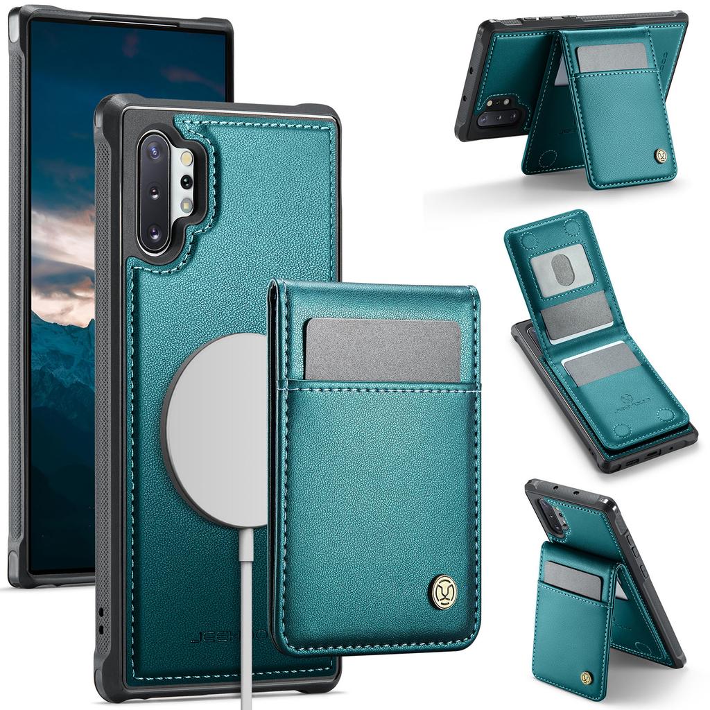 For Samsung Galaxy Note 10 Plus 5G Leather Back Cover Compatible with MagSafe JEEHOOD J06 Phone Case with Card Bag RFID Blocking