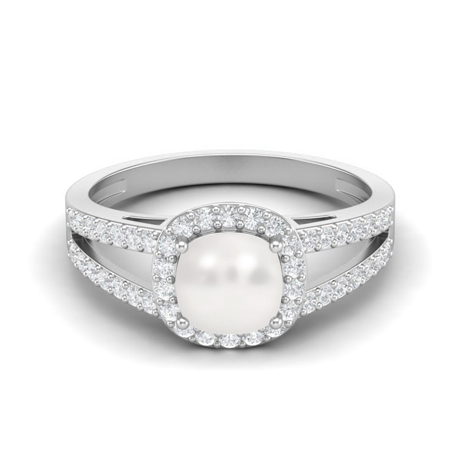 

925 Sterling Silver 2.22 Cts Cushion Pearl Solitaire With Accent Split Shank Wedding Women Ring 11 белый