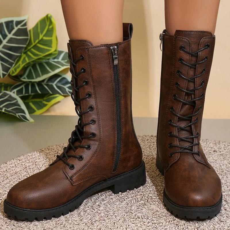 Mode Mode Schnürung Reißverschluss Mid-Calf Stiefel für Damen Herbst Winter 2025 Solide Plattform Moderne Stiefel Frau Quadratischer Absatz Botas Mujer