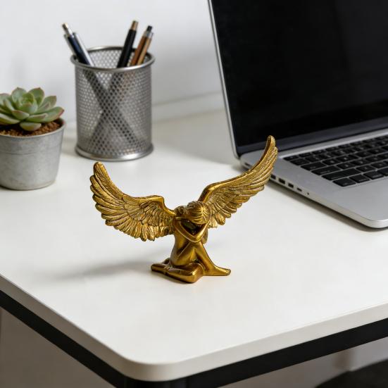 Carving Sitting Angel Figurine European Winged Girl Statue Resin Sculpture Home Office Bookshelf