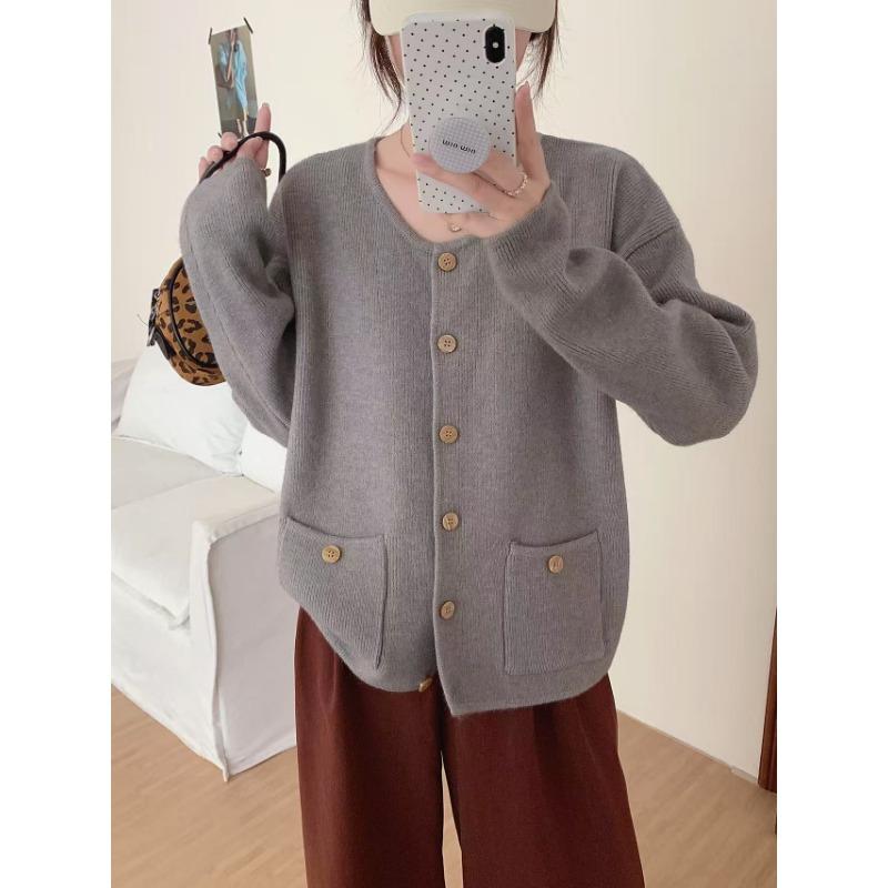 Autumn and winter new round neck single-breasted knitted cardigan women's loose and thin versatile sweater women's coat women