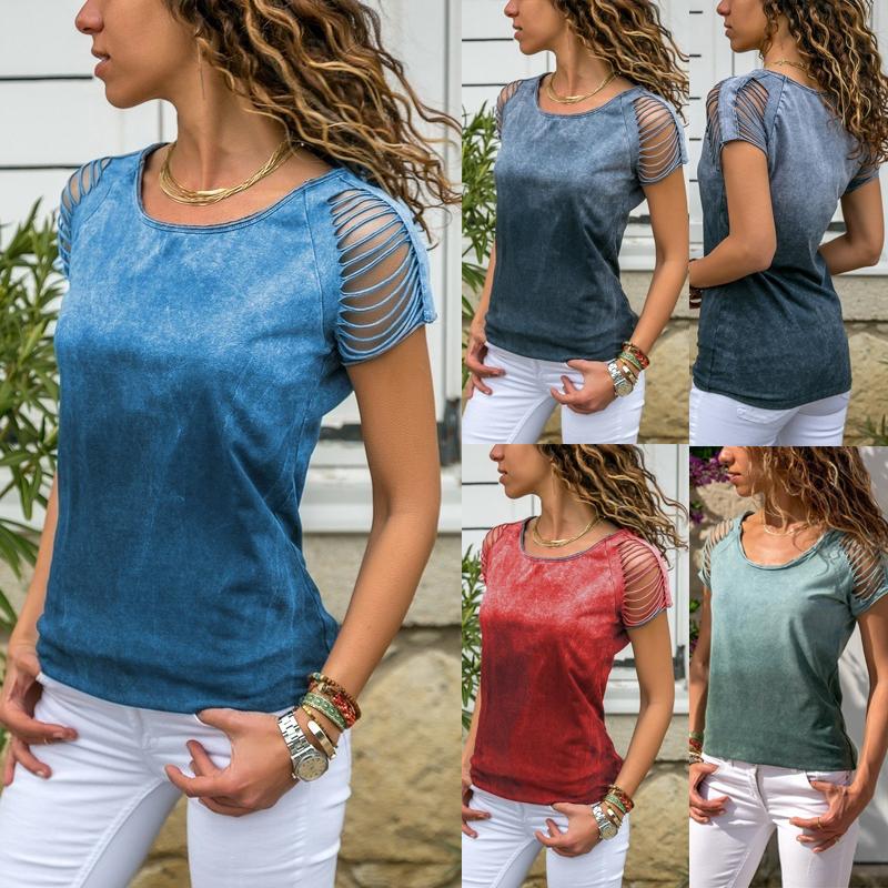 

Женщины Сексуальные футболки с коротким рукавом Сплошной цвет Рукав Полый O-образный вырез Блузка Плюс Размер Летние топы