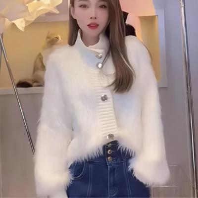 Imitation Mink Velvet High Neck Sweater Cardigan Small Fragrant High-end Temperament Loose Fitting Fur Knitted Cardigan Women