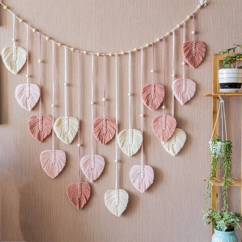 Boho Rope Tapestry Handwoven Nice Wooden Beads Leaves Po Hanging Tassel Wall Decor for Home Durable Durable Useful Useful