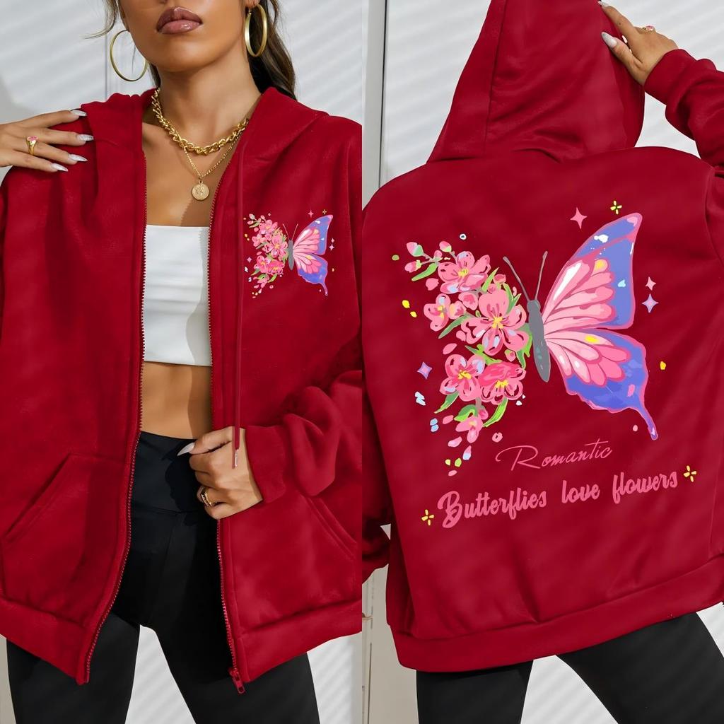 Butterflies Love Flowers Colorful Pattern Women Zipper Hoodies Y2K Loose Hoody Zip-Up Fleece Hoodie Autumn Clothing