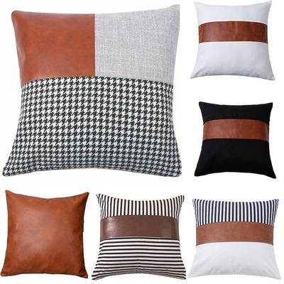Leather Throw Pillow Covers, Set of 2 Modern Leather/Fabric Decorative Pillowcases for Home Decor Bedroom Living Room Couch Bed Sofa, 18x18 Inch