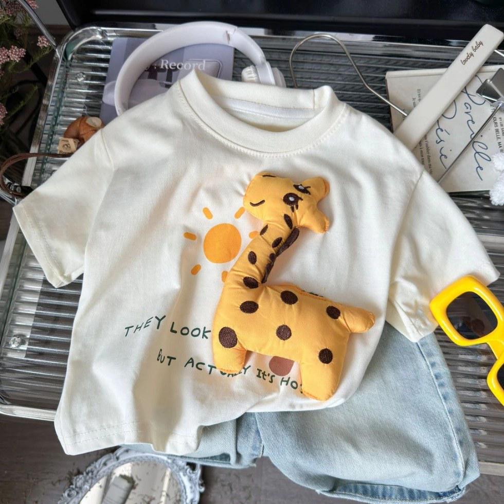 Unisex Koszulka Bawełniana dla Dzieci, Urocza Żyrafa 3D, Krótki Rękaw, Styl Letni
