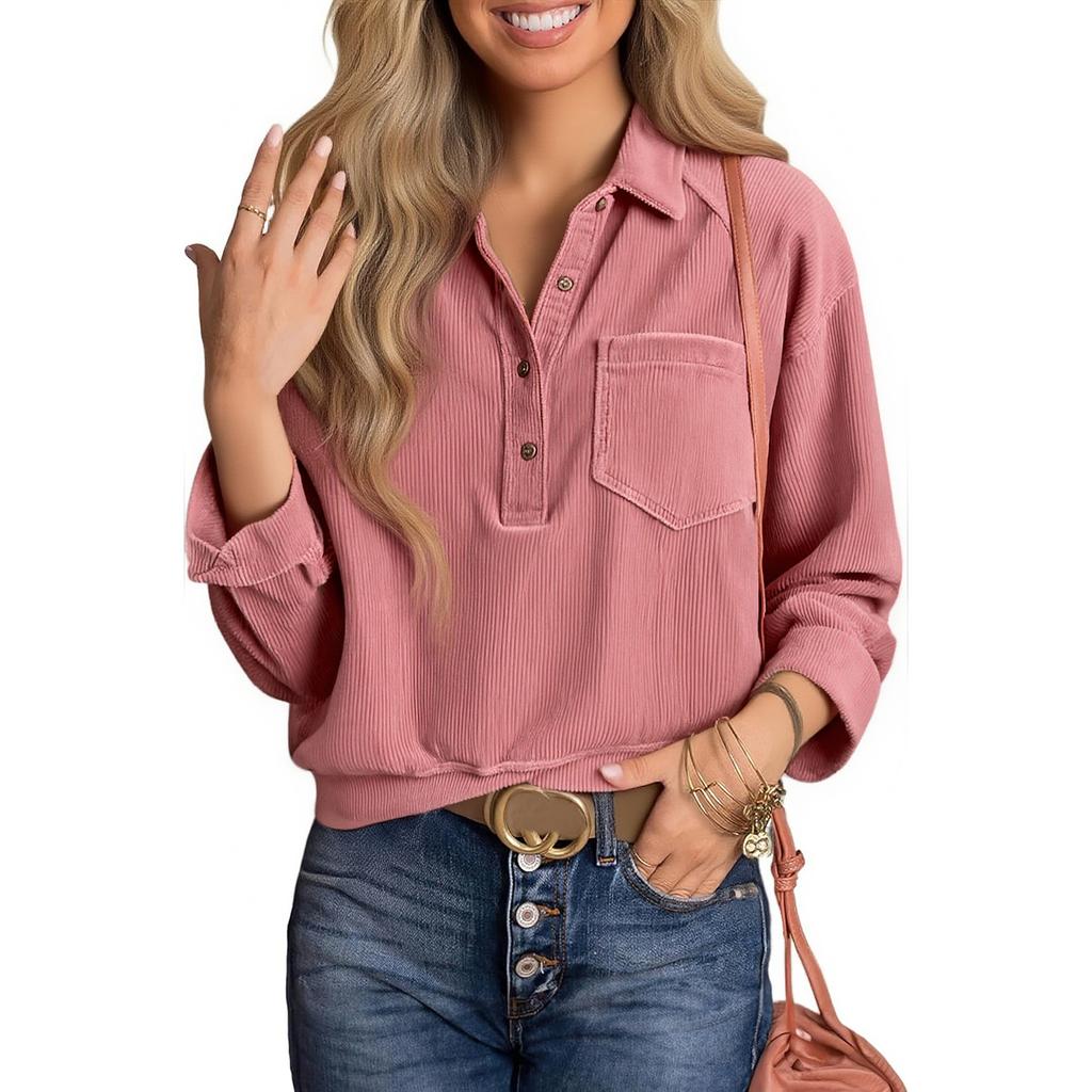 Women's Comfortable Long,Sleeve Corduroy Button,Up Blouse