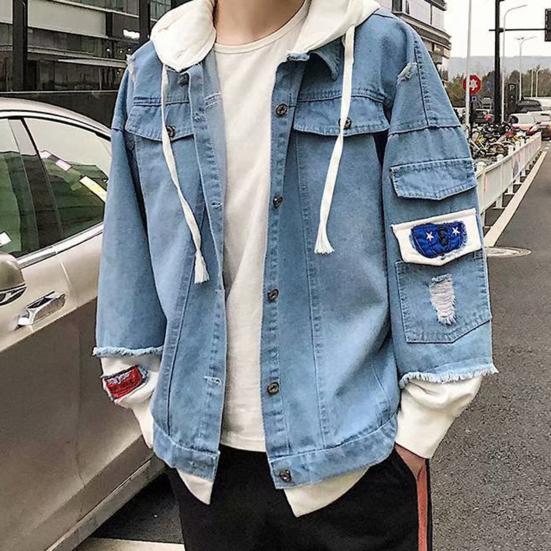 Jean Jacket Fake Two Piece Hooded Contrast Color Streetwear Spring Autumn Loose Single Breasted Outerwear Coat for Outdoor