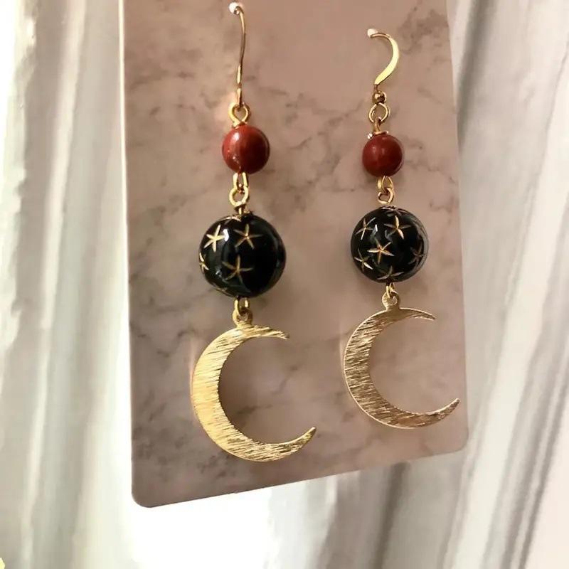 Agate And Copper Bead Crescent Star Earrings, Suitable For Women To Wear, For Casual Outfits, And As Party Decorations.