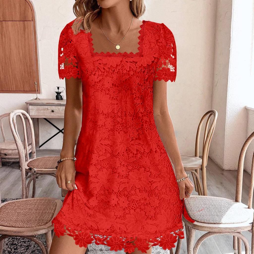 Women Square Neck Lace Mini Dress Floral Hollow Out Short Sleeve Loose Fit Elegant Dress for Summer Spring Autumn