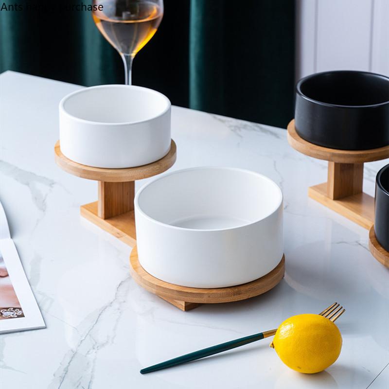 Ceramic Fruit Plate Solid Color Fruit Salad Bowl Two-piece Wooden Base Dessert Snack Tray Dishes Decorative Bowl Plate Tableware