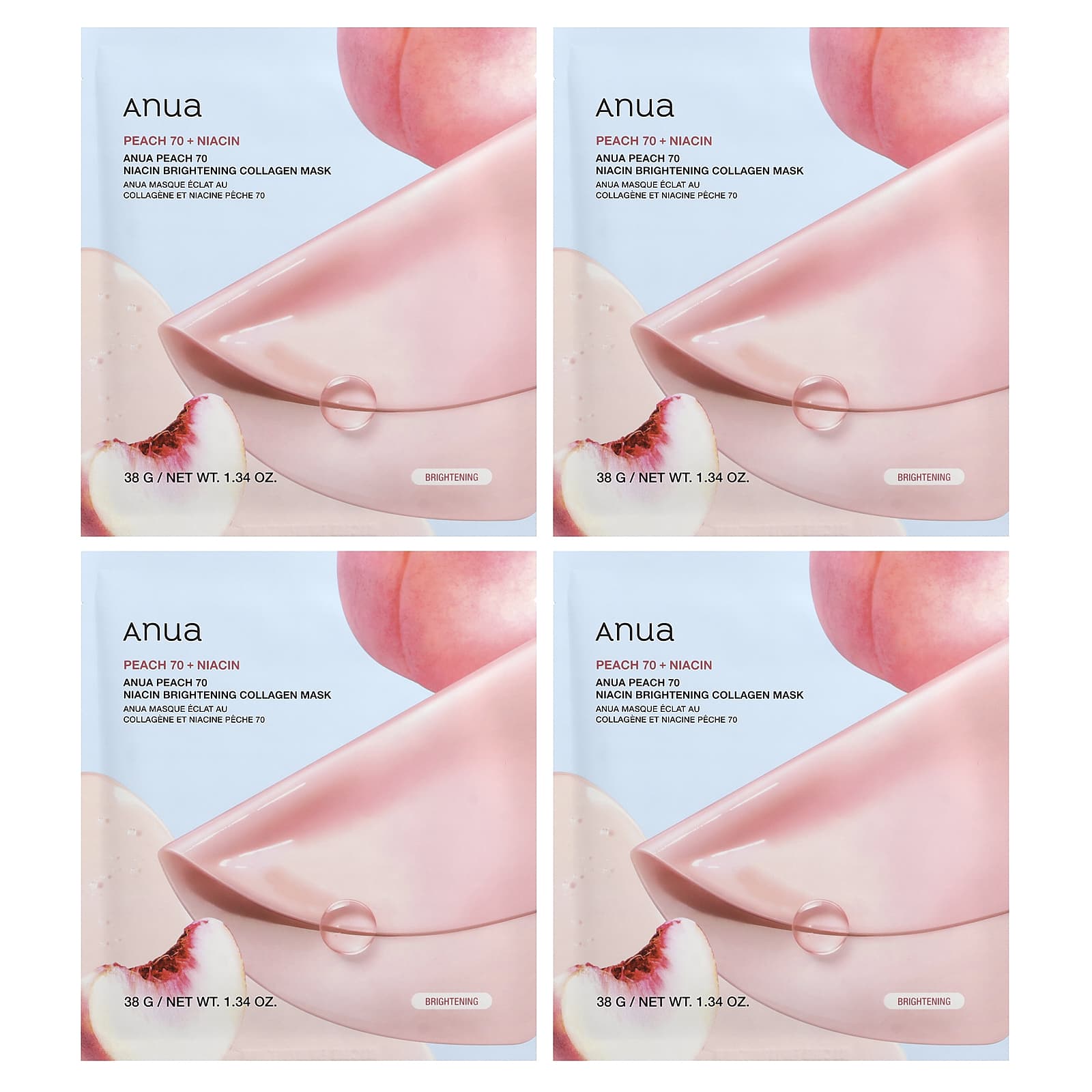 Anua, Peach 70 Niacin Brightening Collagen Beauty Mask, 4 Sheets, 38g (1.34oz) Each