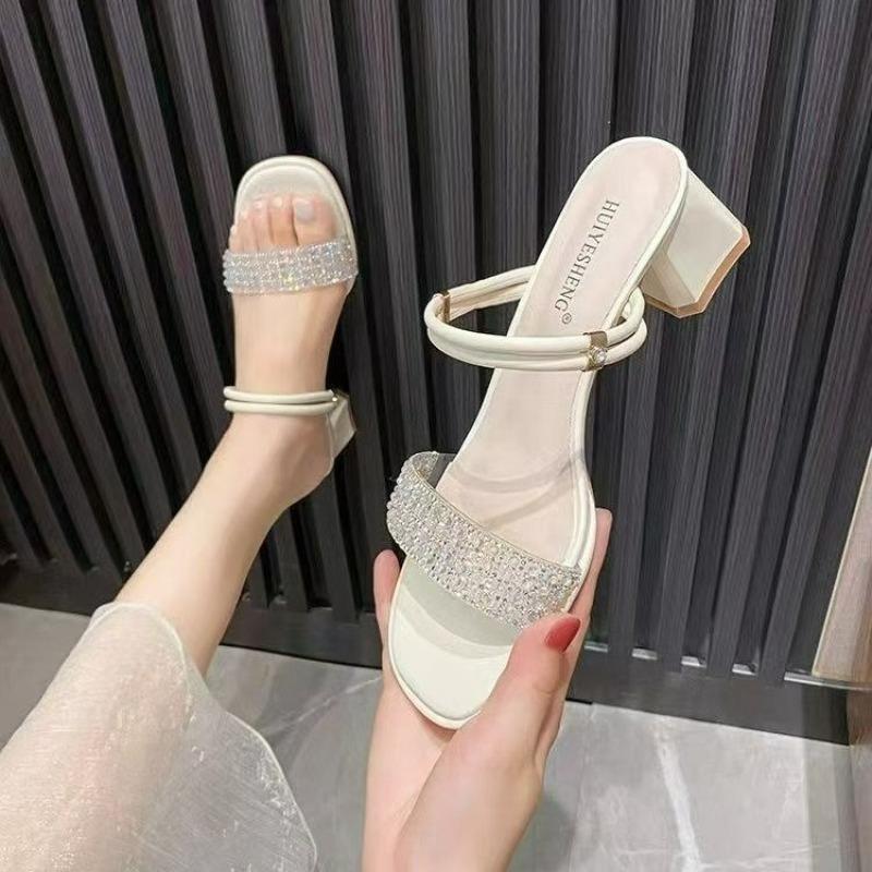

Fashion Sandals and Slippers for Women in Summer, Chunky Heel Fashion Rhinestone Two-wear Sandals 2025 New 40