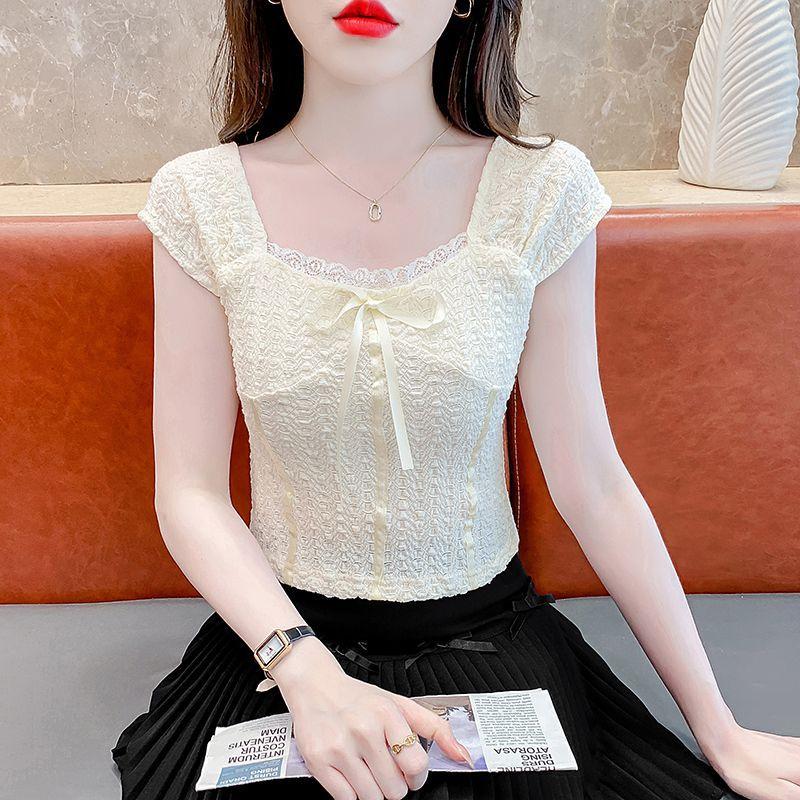 French Bow Square Collar Lace Shirt for Women Summer Short Sleeveless Top