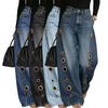 Women Mid Low Waist Wide Leg Jeans Hollow Out Metal Eyelet Was Den Trousers Elegant Socialite Style Loose Denim Pants Spring 2026