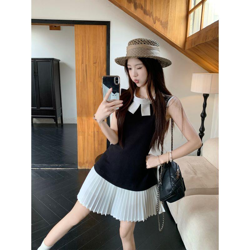 Kumikumi French style High Sense Bow Sleeveless One piece Dress Women clothing Summer Temperament Slim fit Slimming A- line Skirt