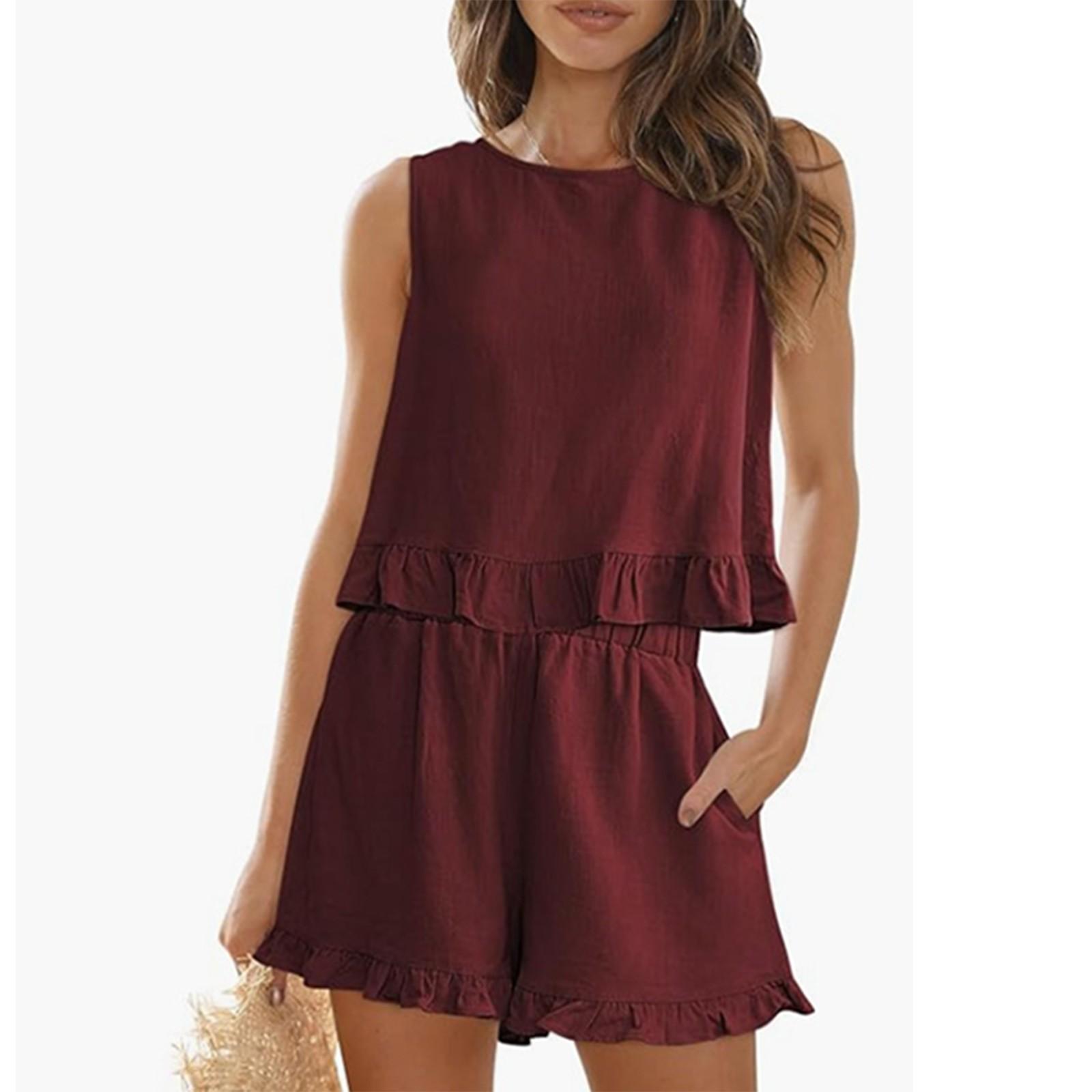 

Модные сексуальные женские топы и шорты, женский комплект из 2 предметов, летний плиссированный костюм без рукавов с высоким воротом и талией S винный