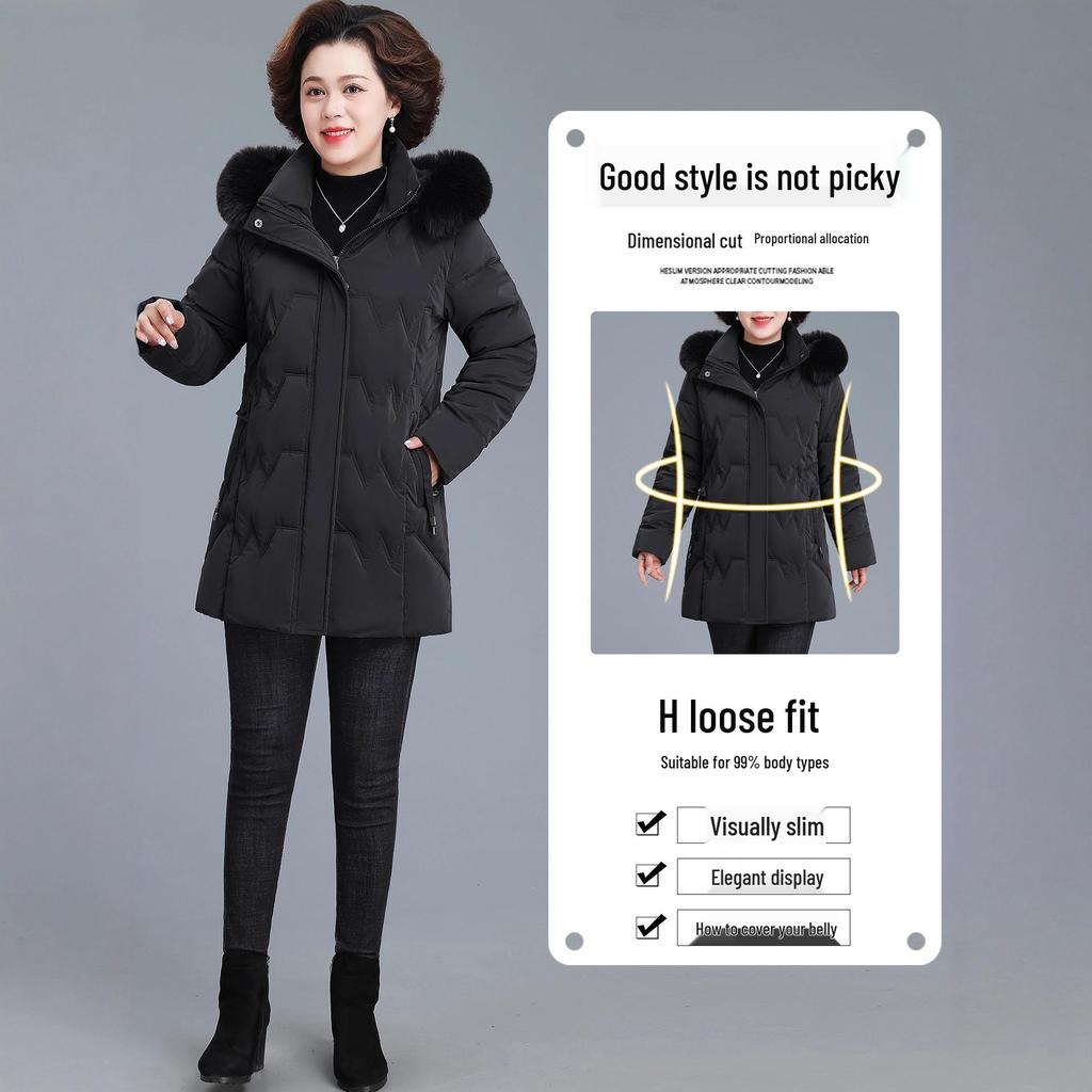 2025 Women's Stylish Hooded Mid-Length Winter Coat: Warm, Cotton-Padded Jacket for Middle-Aged and Elderly