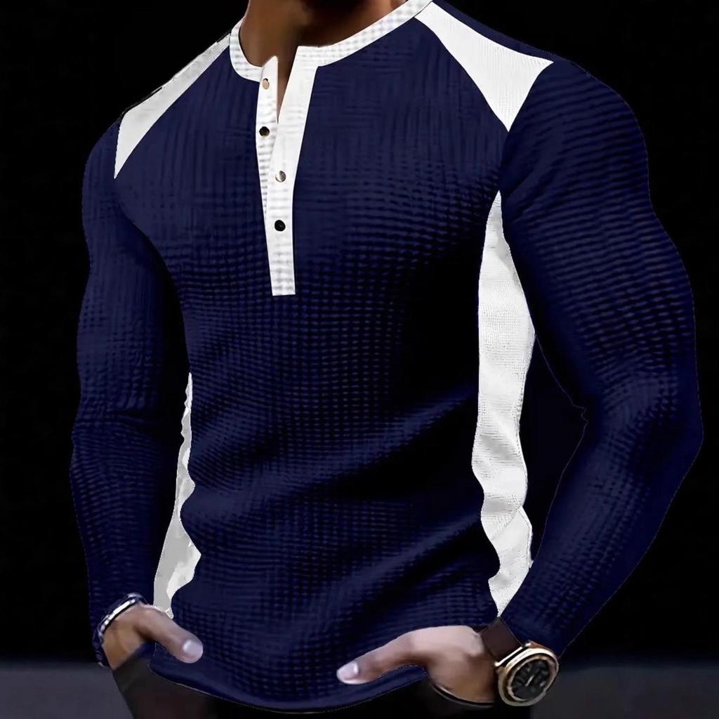 Men's European & American Style V-Neck Waffle Top - Breathable Autumn Casual Wear with Hot Buckle