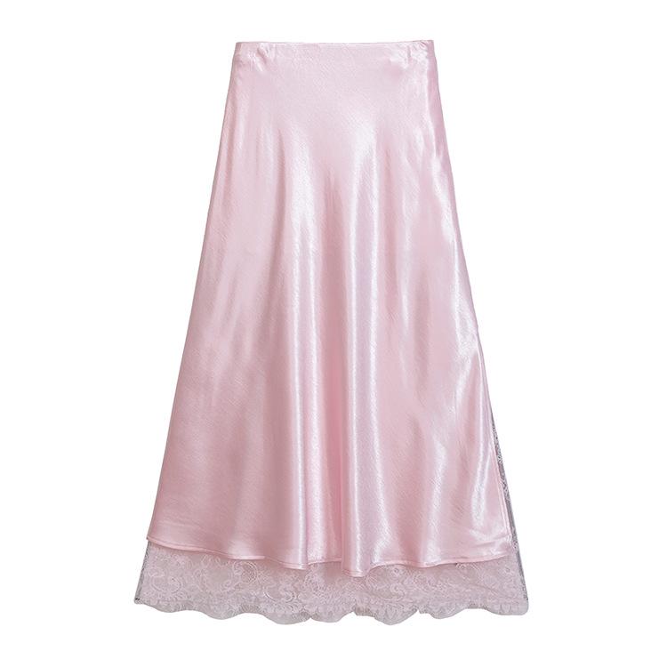 Fei Yuan Women's Satin A-line Drape Skirt, Lace-lined, Solid Color, Early Spring 2026 Fashion Arrival