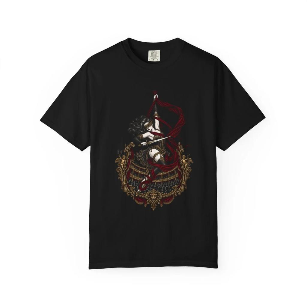 Velvet Drop Gothic Theater Graphic T-Shirt Black Front Print Comfort Colors 1717