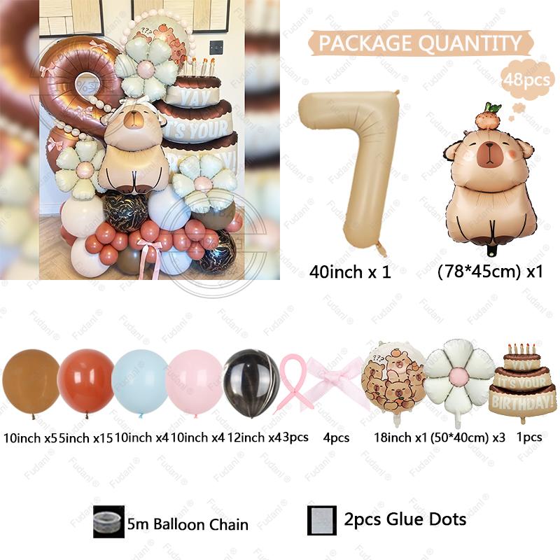 48pcs Kawaii Capybara Cake Theme Aluminium Film Balloon Kids Children Birthday Balloon Toy Baby Shower Decoration Supplies