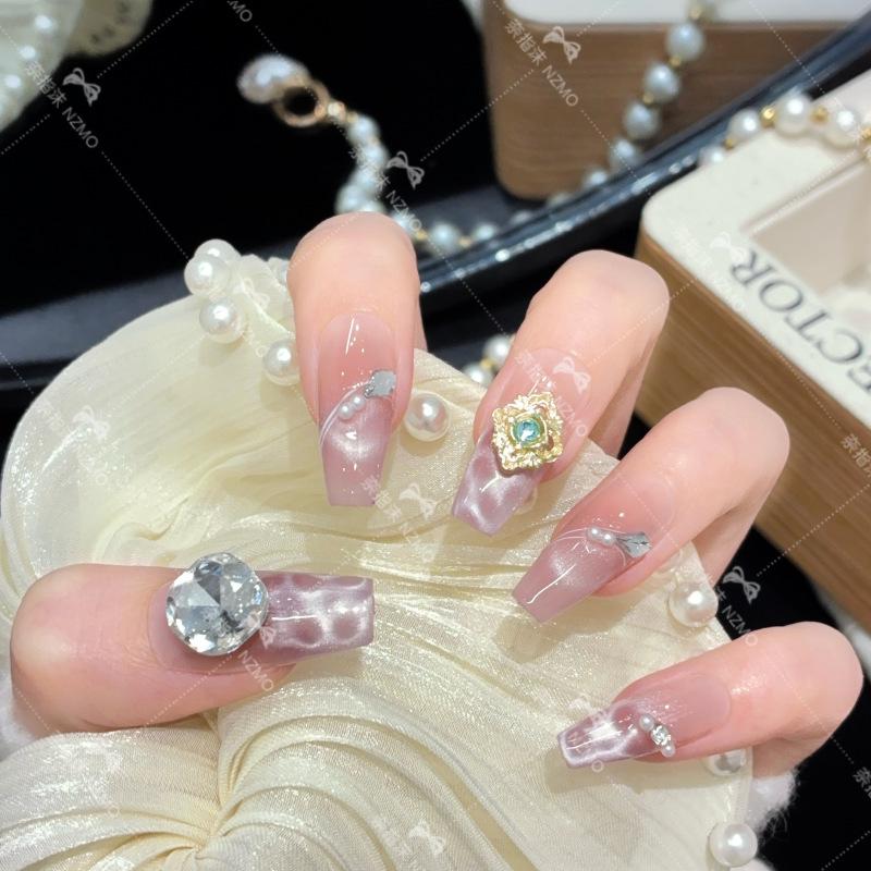 L119 Luxury Purple Cat Eye Rhinestone Gradient Nails S