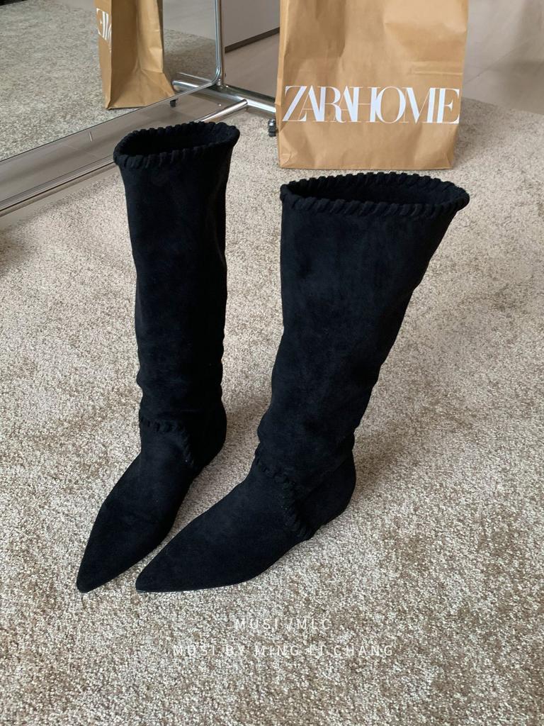 2025 winter new suede inner heightening knight boots long boots pointed but knee long boots children's pleated stacking boots