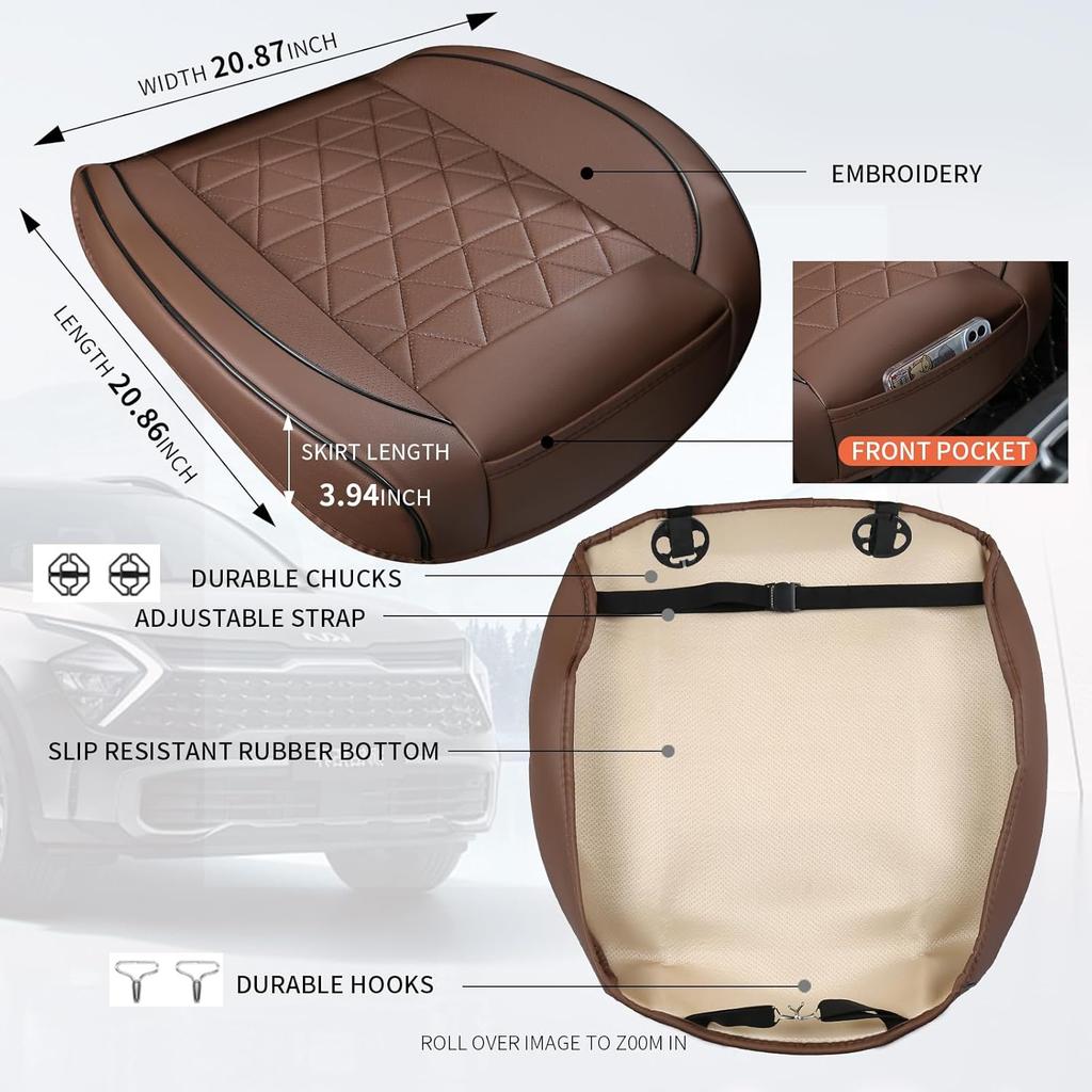 Leather Front Car Seat Cover - Bottom Car Seat Covers Fully Wrapped, Non-Slip, Luxury Appearance And Comfort, Fits Most Vehicles, 1 Pack, Brown
