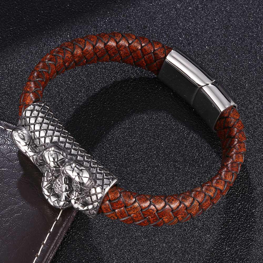 Titanium Steel  Leather Rope Bracelet with Magnetic Buckle Inner Diameter 195mm [Total Length 225mm]