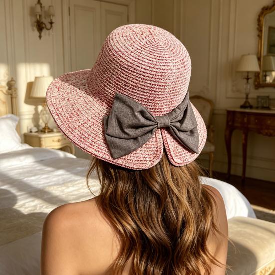 Women Beach Hat, Wide Brim Sun Protection Hat, Foldable Straw Summer Hat with Bowknot Decor, Breathable Outdoor Hat for Fishing, Travel