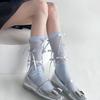 Japanischer Stil Schimmerndes Netz Spleißende Gerippte Über die Wade Socken für Damen Mädchen Niedliche Schleife Schleifenknoten Lange Strümpfe