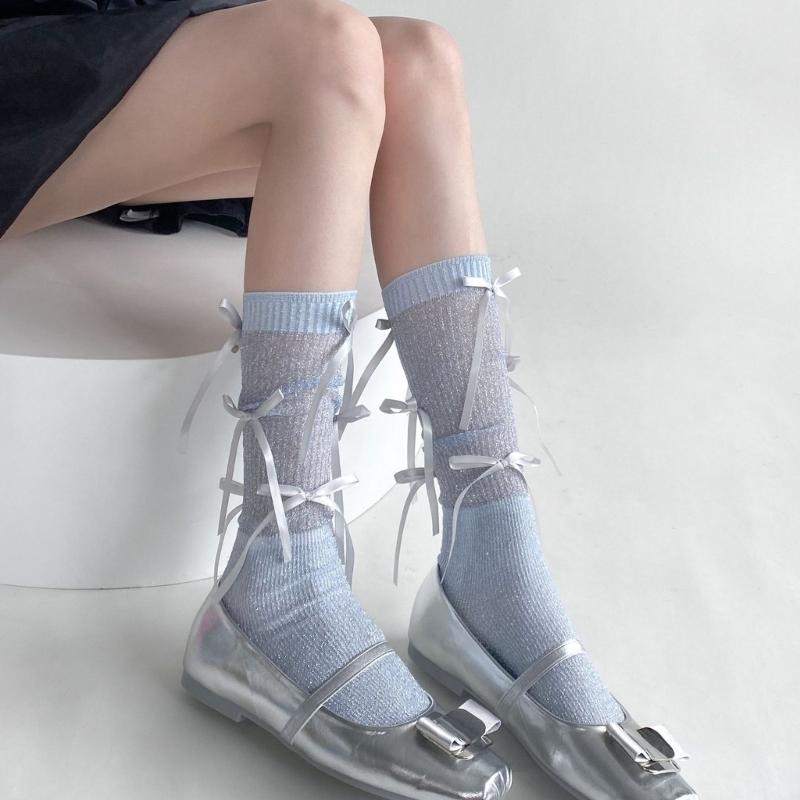 Japanischer Stil Schimmerndes Netz Spleißende Gerippte Über die Wade Socken für Damen Mädchen Niedliche Schleife Schleifenknoten Lange Strümpfe