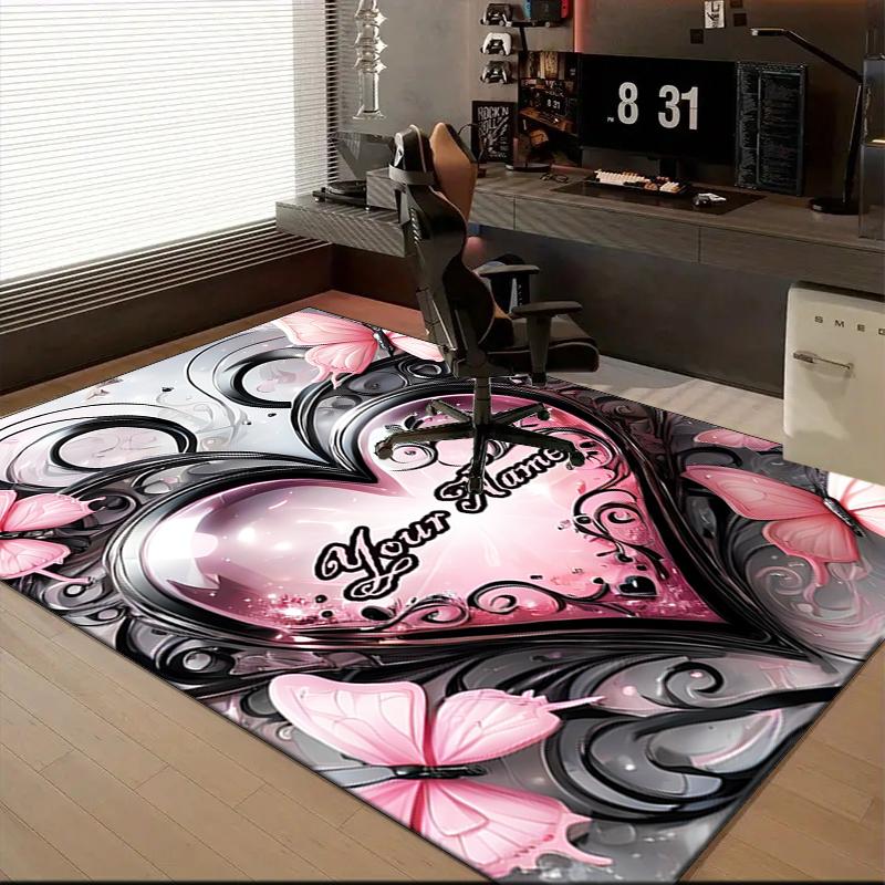 1PC Custom Name Heart Butterflies Theme Floor Mat Ideal for Living Room, Game Rooms, Office, Bedroom, Floor Mat Playful Design