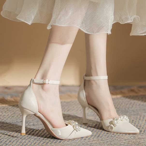 

Temperament one-word buckle belt sexy high heels women s thin heels winter 2025 new pointed head shallow mouth pearl single shoes women 39
