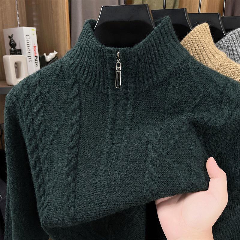 Herren Winter dicker Strick Pullover mit halbem Reißverschluss und Stehkragen