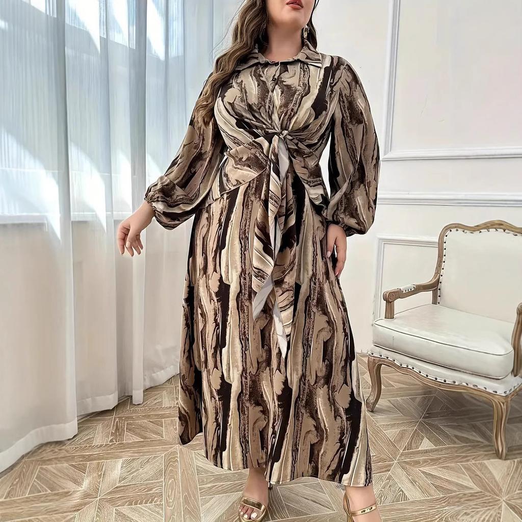 Damenkleid mit Taillenbindung, Übergröße, bedruckte Kleider