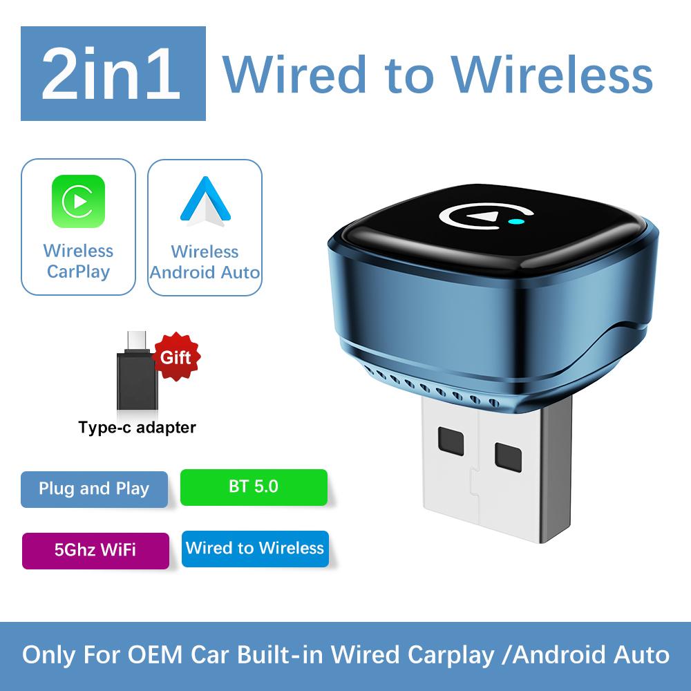 

2026 Wireless CarPlay Android Auto Adapter 2in1 Car play USB Dongle Smart Mini Box Plug and Play Universal for Toyota Honda Ford синий