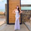 Foreign Style Lace Splicing Suspender Dress Women's Summer New Waist Age-reducing Printed Mesh Fishtail Dress