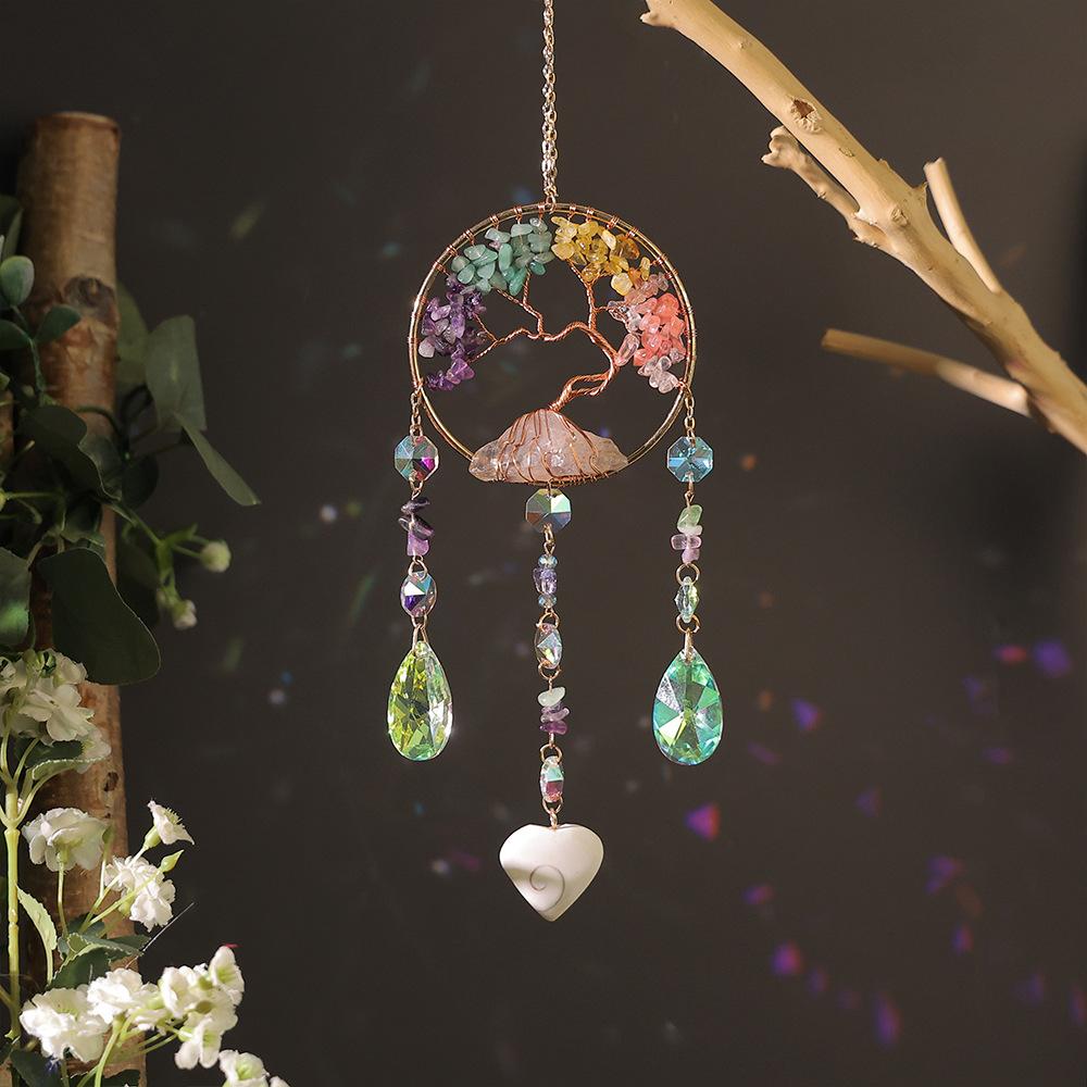 Hand-Woven Wind Chimes Life Tree Dream Crystal Wind Chime Crystal Stone Room Decoration Engraving Christmas