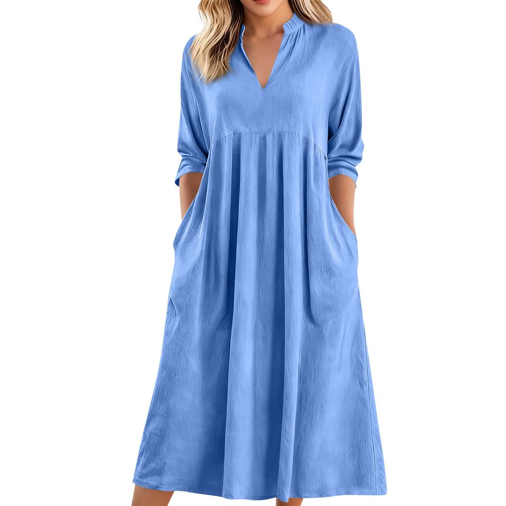 Modisches Damen Farb-V-Ausschnitt Lässiges Lockeres Retro Baumwoll-Leinen Langarm Tasche Kleid
