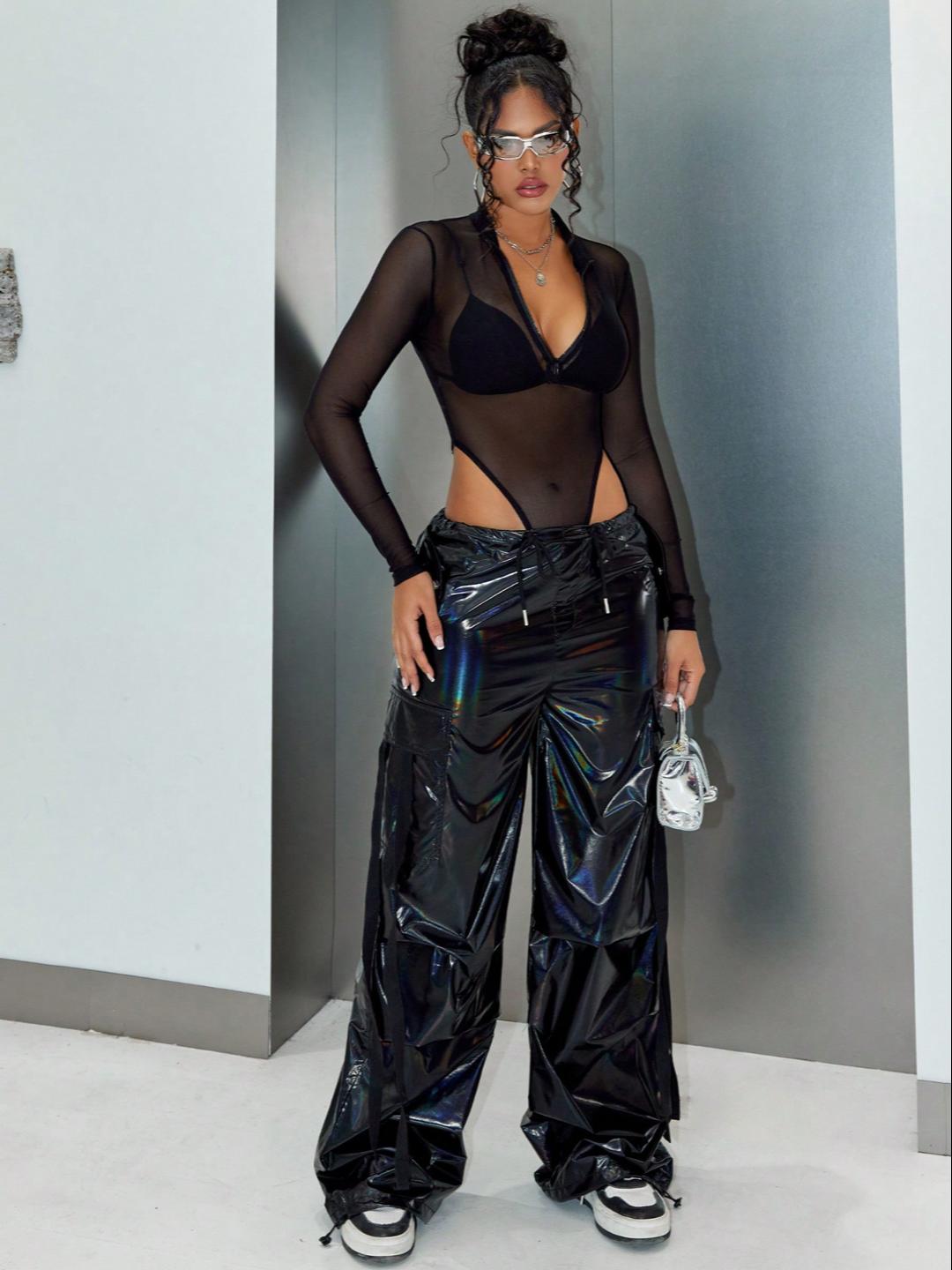 

Жіночі джоггери Y2K з голографічним рожевим клапаном і кишенею з стрічкою на шнурку Широкі штани-карго з парашутом Щоденні повсякденні вільні штани Фестивальне вбрання XS рожевий