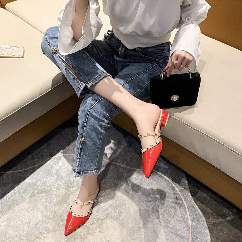 2025 Summer New Bag Head Low Heel Cool Slippers Women's Pointed Fashion Internet Celebrity Versatile Korean Version Willow Nail Half Tray Shoes