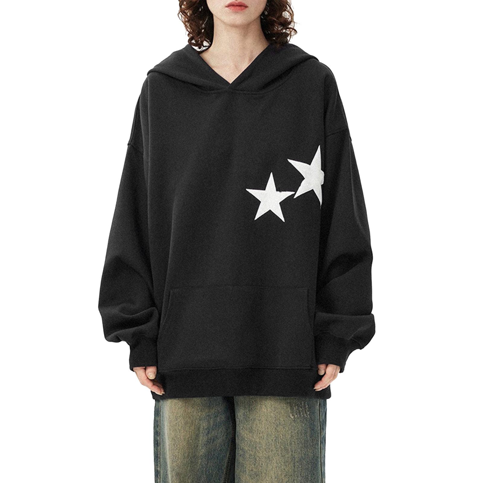 

Женская осенняя модная толстовка со звездным принтом, длинный рукав, капюшон, свободный крой, флисовая толстовка L разноцветный