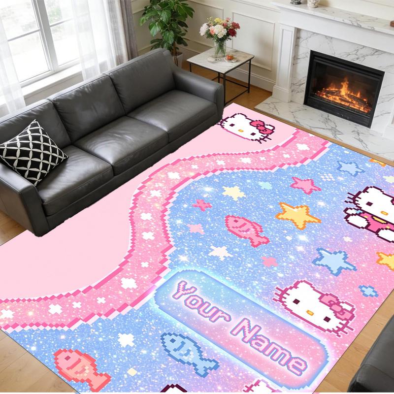 Crystal Velvet Rug Custom Name Text, Soft Non Slip Floor Mat Home DecorHello Kitty
