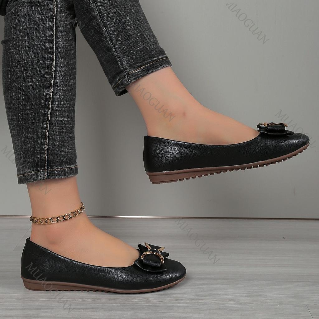 Fashion Single Shoes Women Spring Autumn Bowknot Slip On Flats Casual Comfortable Soft Bottom Round Head Elegant Leather Flat Work Shoe