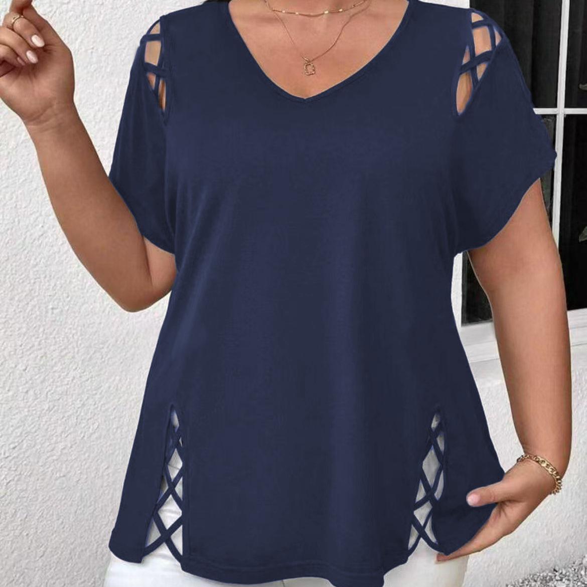 

Женский топ с ажурным дизайном, футболка с коротким рукавом, V-образный вырез, перекрещенные бретели 5XL синий