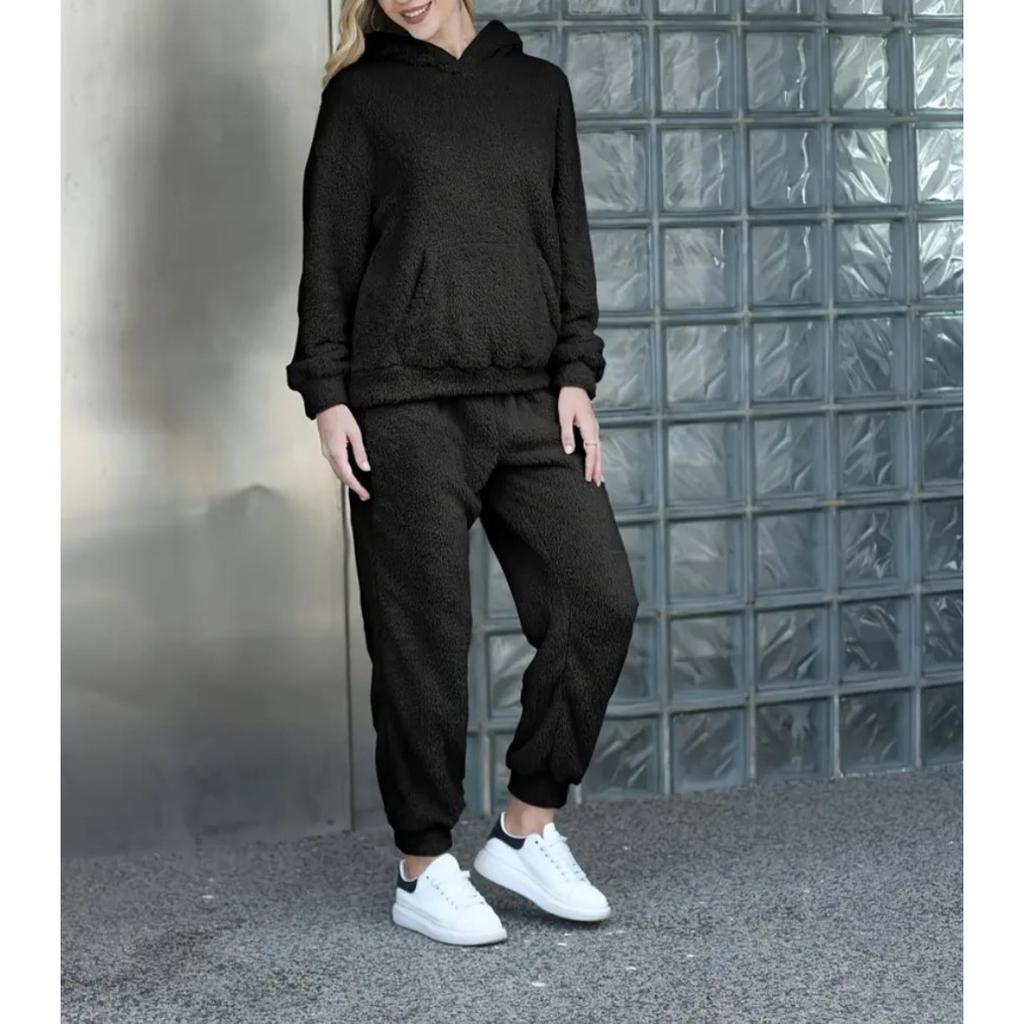 Autumn and Winter Solid Color Women's Clothing, Hooded Long Sleeved Patch Pocket Casual Pants Home Two-piece Set